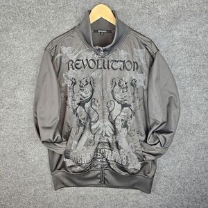 Y2K Black Label Gray|Black Zip Up, Track Jacket with Lion Design -Size Large